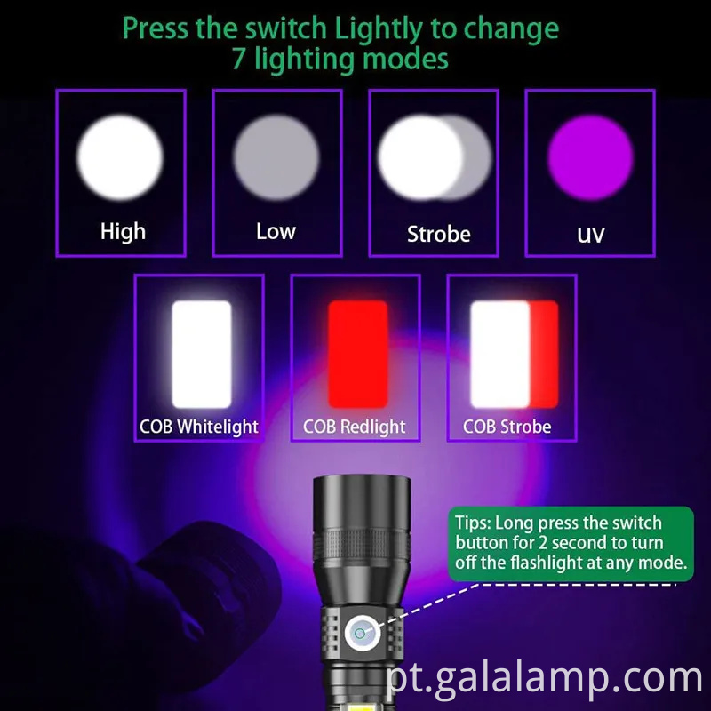 Lanterna LED versátil com luz de enchente Cob e luz UV
